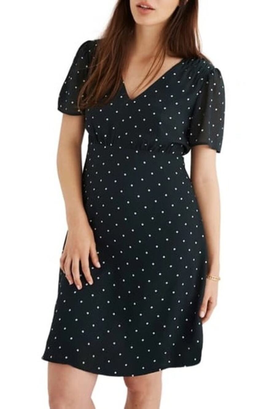 Madewell Smocked Polka Dot Dress Size 8 Smokey Spruce Green Knee Length NEW